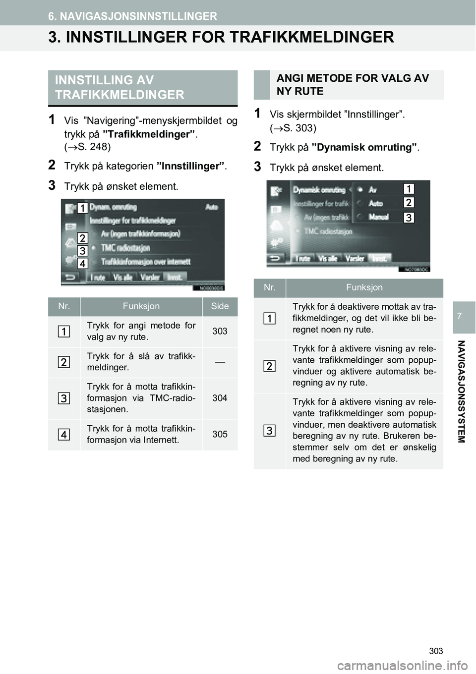 TOYOTA PRIUS PLUS 2014 Instruksjoner for bruk (in Norwegian) 303
6. NAVIGASJONSINNSTILLINGER
NAVIGASJONSSYSTEM
7
3. INNSTILLINGER FOR TRAFIKKMELDINGER
1Vis ”Navigering”-menyskjermbildet og
trykk på ”Trafikkmeldinger”.
(→S. 248)
2Trykk på kategorien TOYOTA PRIUS PLUS 2014 Instruksjoner for bruk (in Norwegian) 303
6. NAVIGASJONSINNSTILLINGER
NAVIGASJONSSYSTEM
7
3. INNSTILLINGER FOR TRAFIKKMELDINGER
1Vis ”Navigering”-menyskjermbildet og
trykk på ”Trafikkmeldinger”.
(→S. 248)
2Trykk på kategorien