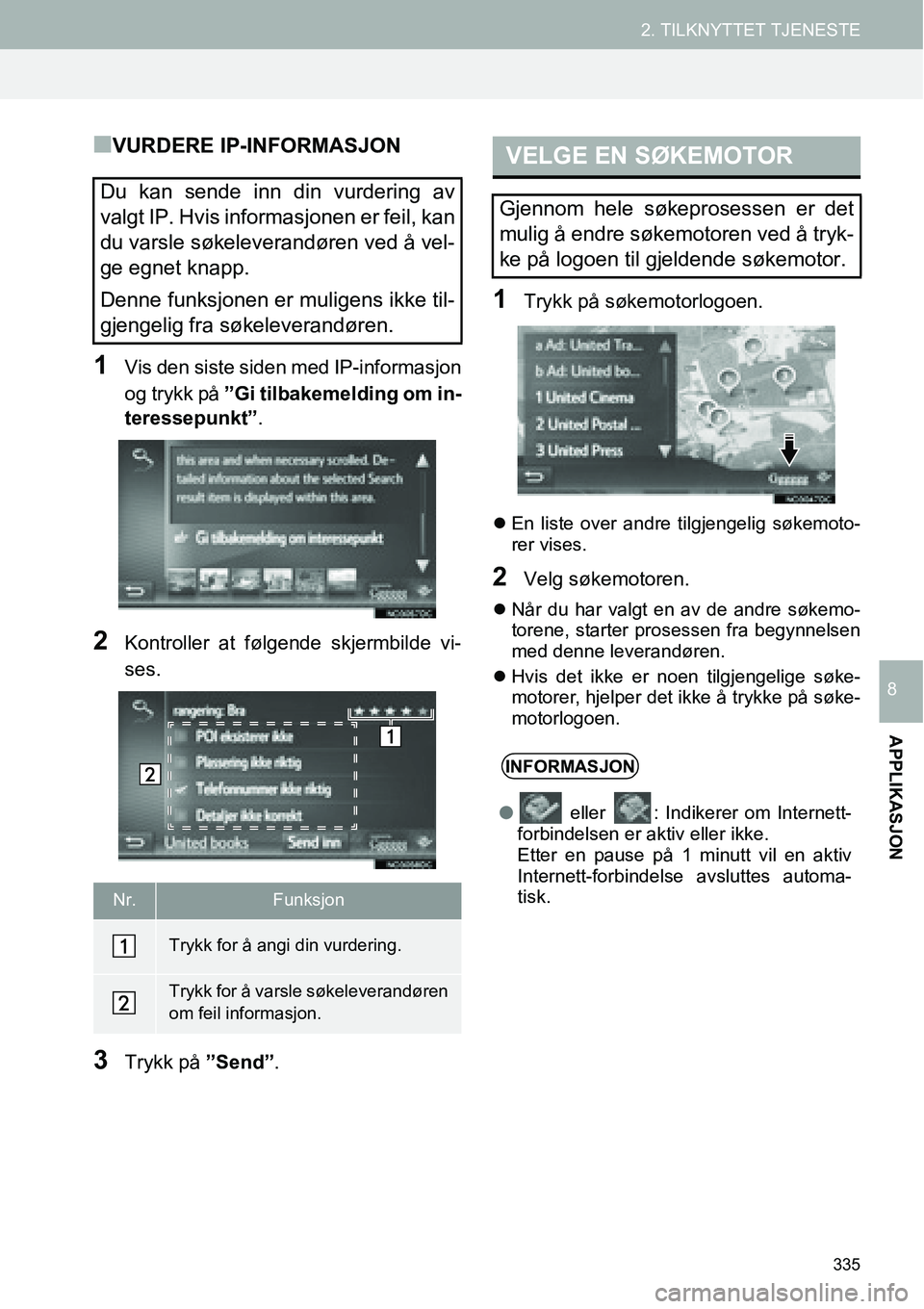 TOYOTA PRIUS PLUS 2014  Instruksjoner for bruk (in Norwegian) 335
2. TILKNYTTET TJENESTE
APPLIKASJON
8
■VURDERE IP-INFORMASJON
1Vis den siste siden med IP-informasjon
og trykk på ”Gi tilbakemelding om in-
teressepunkt”.
2Kontroller at følgende skjermbild