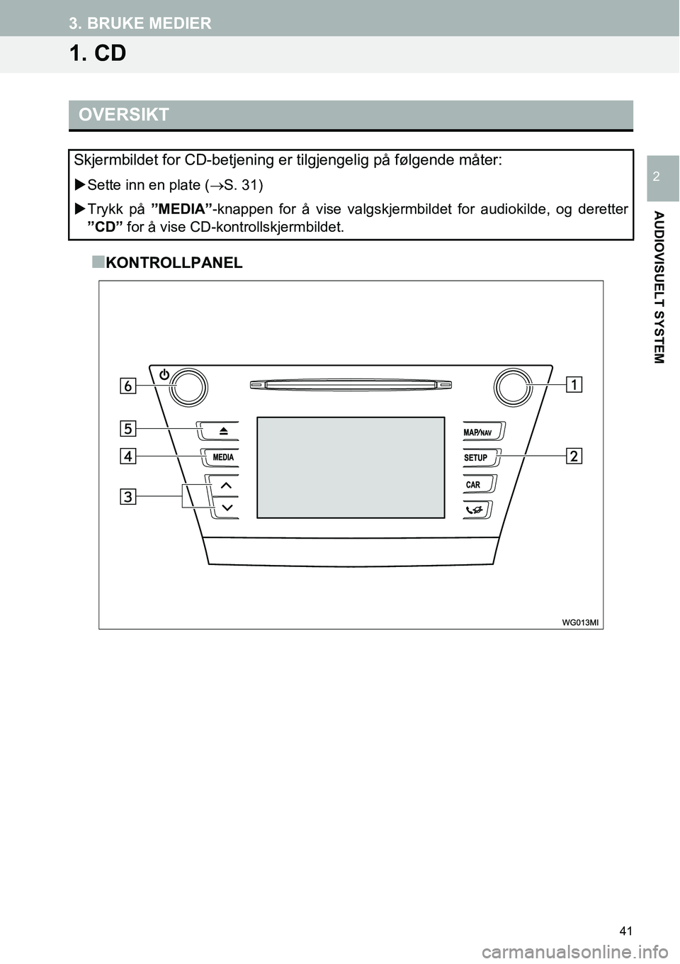 TOYOTA PRIUS PLUS 2014  Instruksjoner for bruk (in Norwegian) 41
AUDIOVISUELT SYSTEM
2
3. BRUKE MEDIER
1. CD
■KONTROLLPANEL
OVERSIKT
Skjermbildet for CD-betjening er tilgjengelig på følgende måter:
�XSette inn en plate (→S. 31)
�XTrykk på ”MEDIA”-kna