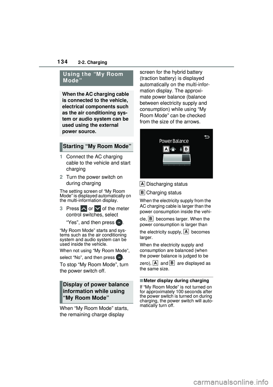 TOYOTA PRIUS PRIME 2023  Owners Manual 1342-2. Charging
1Connect the AC charging 
cable to the vehicle and start 
charging
2 Turn the power switch on 
during charging
The setting screen of “My Room 
Mode” is displayed automatically on 
