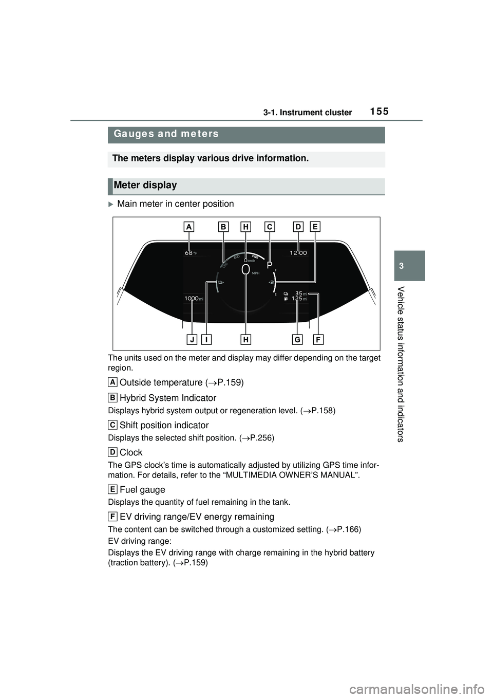 TOYOTA PRIUS PRIME 2023  Owners Manual 1553-1. Instrument cluster
3
Vehicle status information and indicators
Main meter in center position
The units used on the meter and display may differ depending on the target 
region.
Outside temp