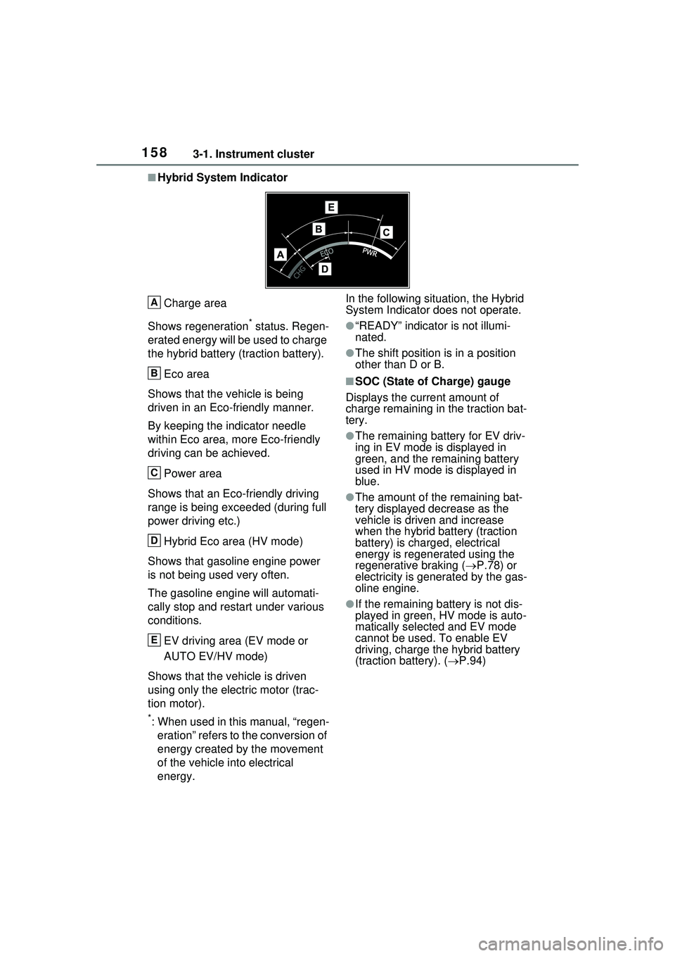 TOYOTA PRIUS PRIME 2023  Owners Manual 1583-1. Instrument cluster
■Hybrid System IndicatorCharge area
Shows regeneration
* status. Regen-
erated energy will be  used to charge 
the hybrid battery (traction battery).
Eco area
Shows that t