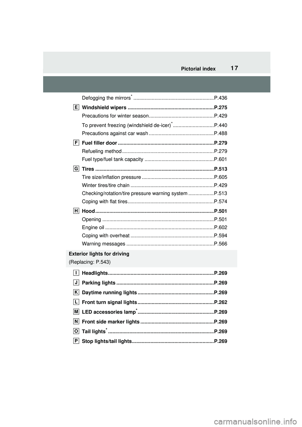 TOYOTA PRIUS PRIME 2023 Owners Manual 17Pictorial index
Defogging the mirrors*.........................................................P.436
Windshield wipers .............................................................P.275
Precautions TOYOTA PRIUS PRIME 2023 Owners Manual 17Pictorial index
Defogging the mirrors*.........................................................P.436
Windshield wipers .............................................................P.275
Precautions