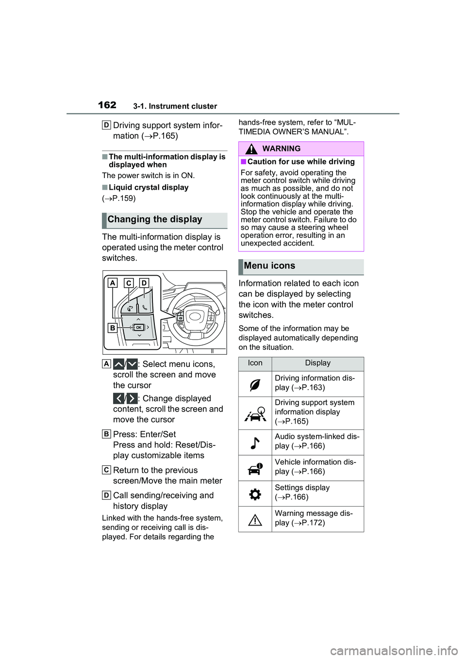 TOYOTA PRIUS PRIME 2023  Owners Manual 1623-1. Instrument cluster
Driving support system infor-
mation (P.165)
■The multi-information display is 
displayed when
The power switch is in ON.
■Liquid crystal display
(  P.159)
The mul