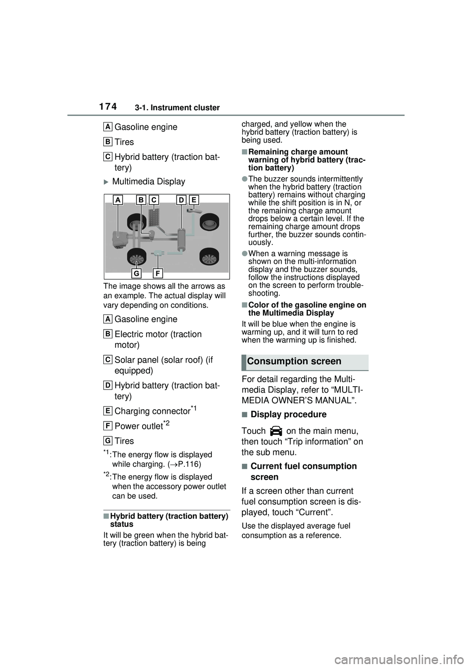 TOYOTA PRIUS PRIME 2023  Owners Manual 1743-1. Instrument cluster
Gasoline engine
Tires
Hybrid battery (traction bat-
tery)
Multimedia Display
The image shows all the arrows as 
an example. The actual display will 
vary depending on con