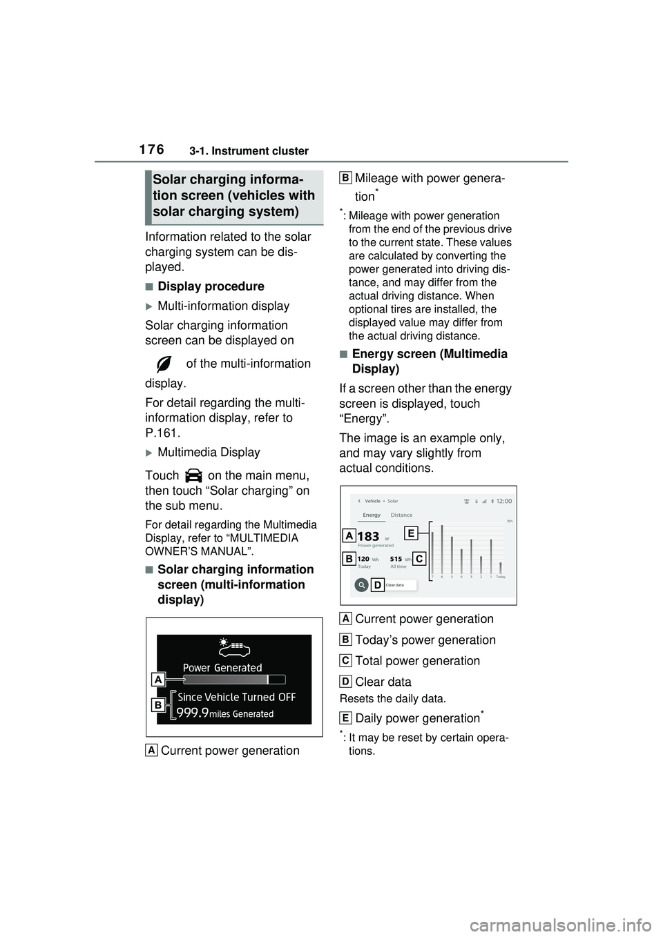 TOYOTA PRIUS PRIME 2023  Owners Manual 1763-1. Instrument cluster
Information related to the solar 
charging system can be dis-
played.
■Display procedure
Multi-information display
Solar charging information 
screen can be displayed o