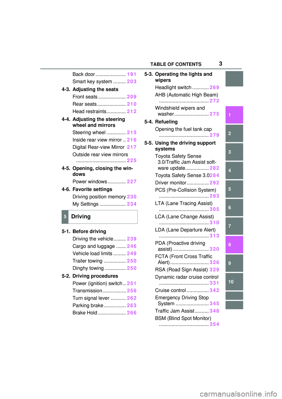 TOYOTA PRIUS PRIME 2023  Owners Manual 3TABLE OF CONTENTS
1
2
3
4
5
6
7
8
9
10
Back door ......................191
Smart key system ......... 203
4-3. Adjusting the seats Front seats .................... 209
Rear seats.....................