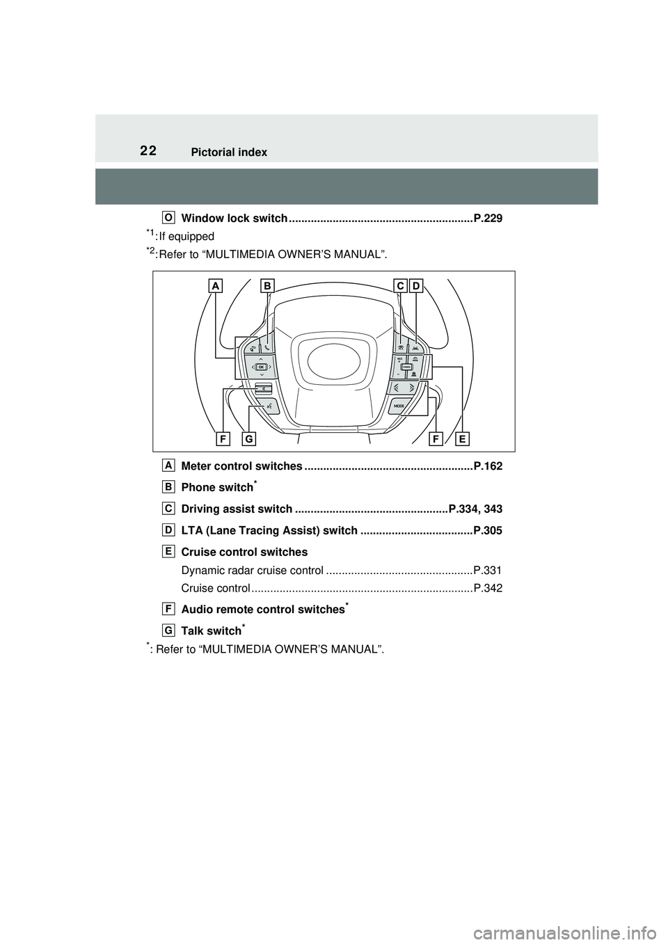 TOYOTA PRIUS PRIME 2023 Owners Manual 22Pictorial index
Window lock switch ...........................................................P.229
*1: If equipped
*2: Refer to “MULTIMEDIA OWNER’S MANUAL”.Meter control switches ............ TOYOTA PRIUS PRIME 2023 Owners Manual 22Pictorial index
Window lock switch ...........................................................P.229
*1: If equipped
*2: Refer to “MULTIMEDIA OWNER’S MANUAL”.Meter control switches ............