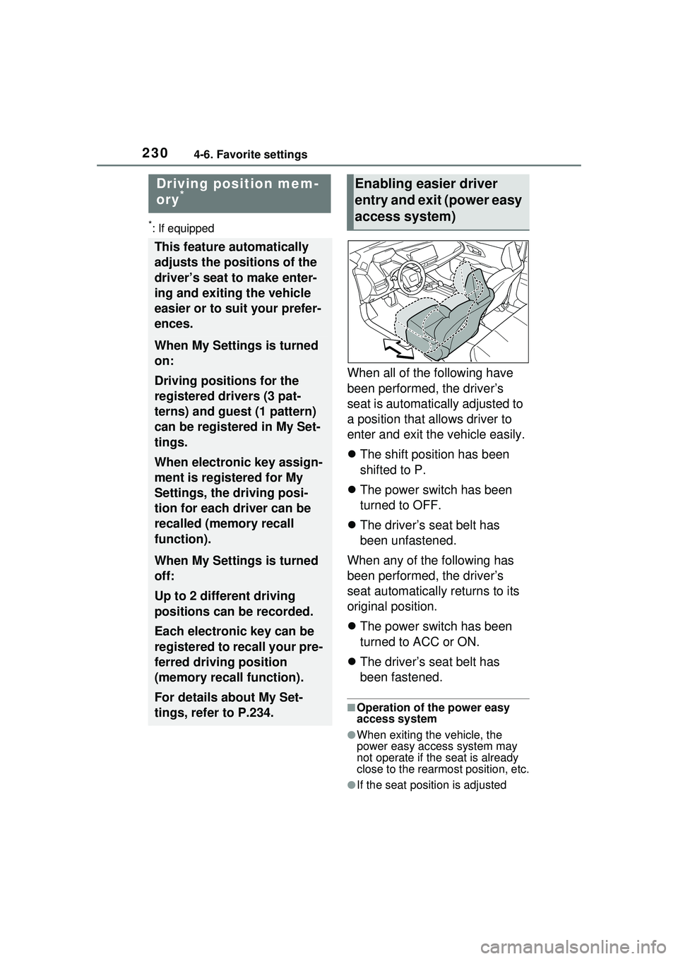 TOYOTA PRIUS PRIME 2023 Owners Manual 2304-6. Favorite settings
4-6.Favorite settings
*: If equipped
When all of the following have
been performed, the driver’s
seat is automatically adjusted to
a position that allows driver to
ente TOYOTA PRIUS PRIME 2023 Owners Manual 2304-6. Favorite settings
4-6.Favorite settings
*: If equipped
When all of the following have
been performed, the driver’s
seat is automatically adjusted to
a position that allows driver to
ente