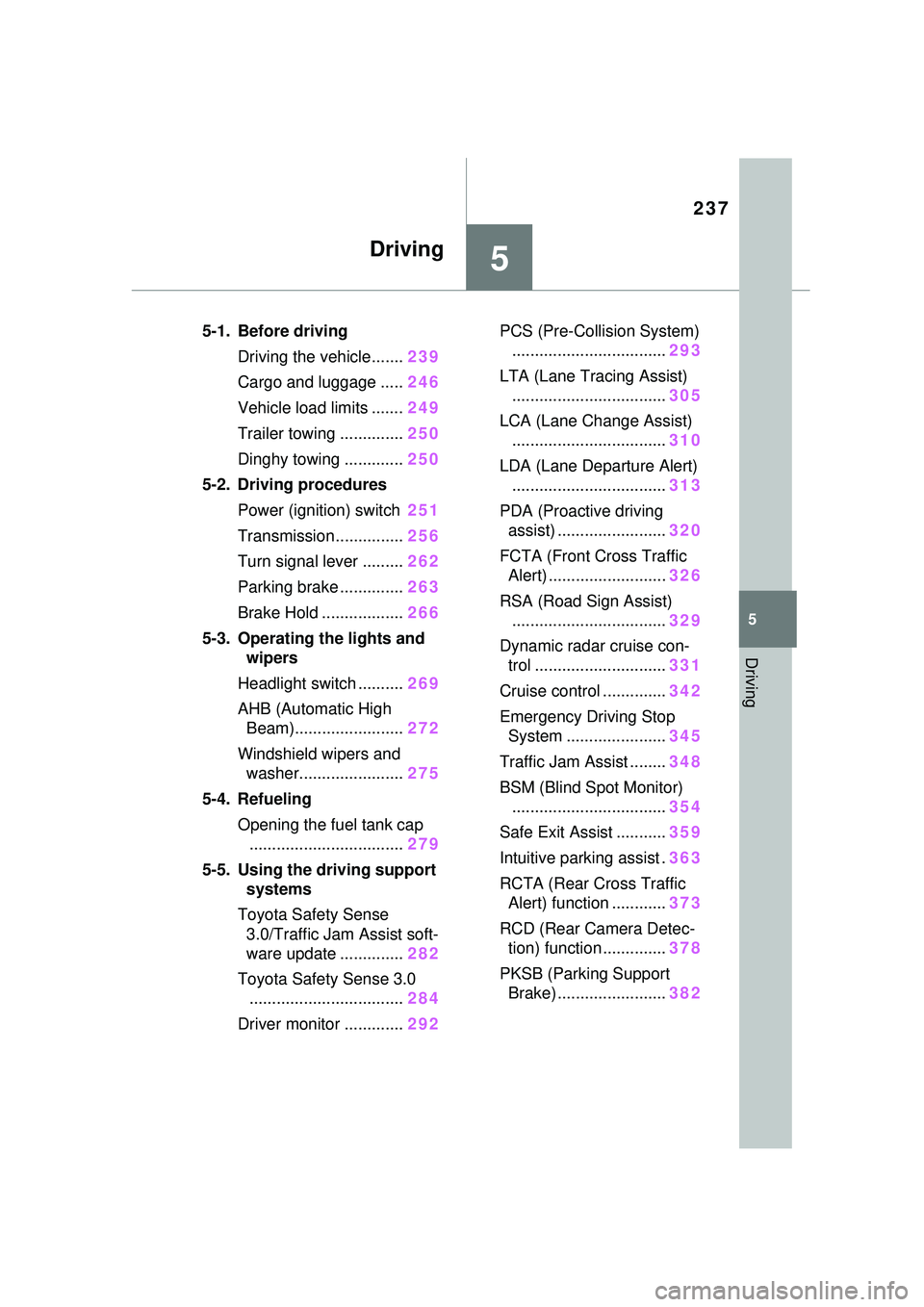 TOYOTA PRIUS PRIME 2023  Owners Manual 237
5
5
Driving
Driving
5-1. Before drivingDriving the vehicle....... 239
Cargo and luggage ..... 246
Vehicle load limits ....... 249
Trailer towing .............. 250
Dinghy towing ............. 250
