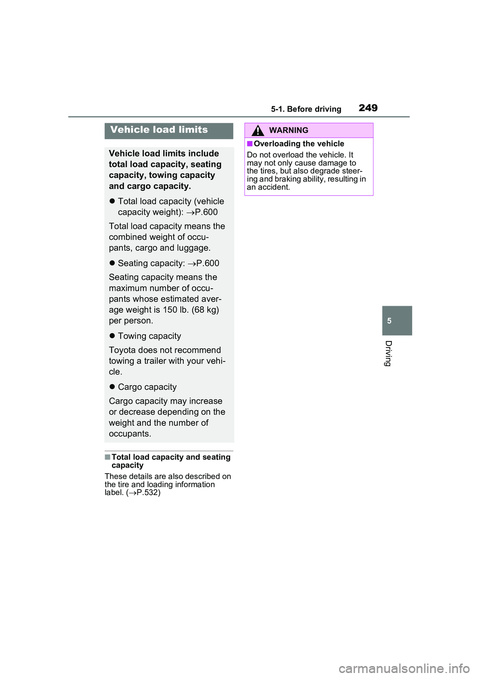 TOYOTA PRIUS PRIME 2023  Owners Manual 2495-1. Before driving
5
Driving
■Total load capacity and seating 
capacity
These details are also described on 
the tire and loading information 
label. ( P.532)
Vehicle load limits
Vehicle load