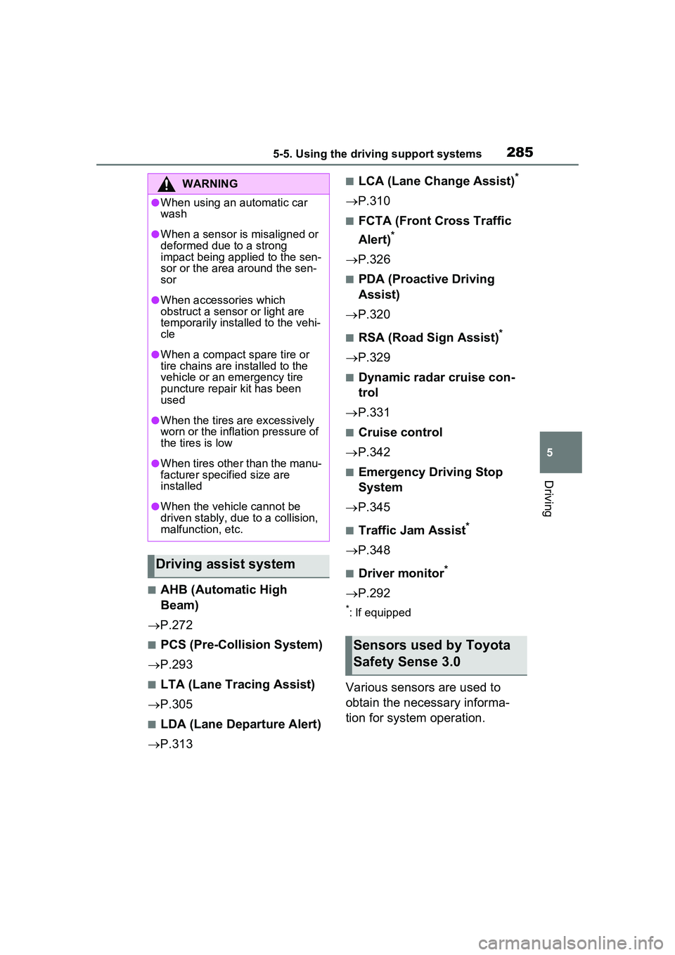 TOYOTA PRIUS PRIME 2023  Owners Manual 2855-5. Using the driving support systems
5
Driving
■AHB (Automatic High 
Beam)
 P.272
■PCS (Pre-Collision System)
 P.293
■LTA (Lane Tracing Assist)
 P.305
■LDA (Lane Departure Alert)