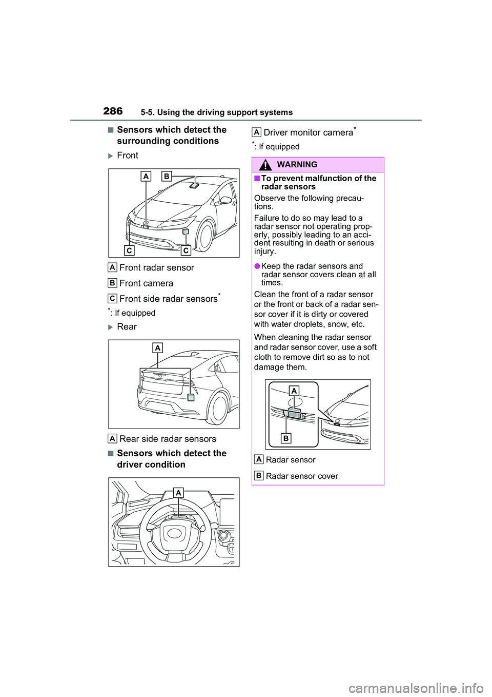 TOYOTA PRIUS PRIME 2023  Owners Manual 2865-5. Using the driving support systems
■Sensors which detect the 
surrounding conditions
FrontFront radar sensor
Front camera
Front side radar sensors
*
*: If equipped
Rear
Rear side radar 