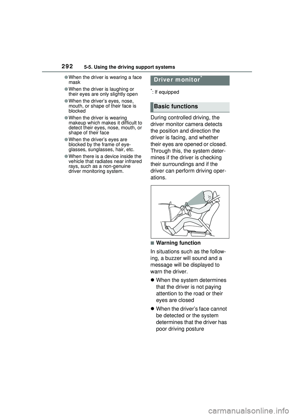 TOYOTA PRIUS PRIME 2023  Owners Manual 2925-5. Using the driving support systems
●When the driver is wearing a face 
mask
●When the driver is laughing or 
their eyes are only slightly open
●When the driver’s eyes, nose, 
mouth, or 