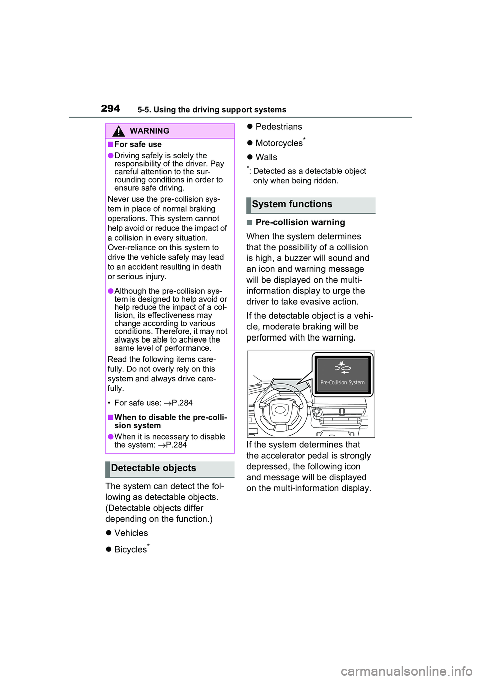 TOYOTA PRIUS PRIME 2023  Owners Manual 2945-5. Using the driving support systems
The system can detect the fol-
lowing as detectable objects. 
(Detectable objects differ 
depending on the function.)
Vehicles
 Bicycles
*
Pedestrian