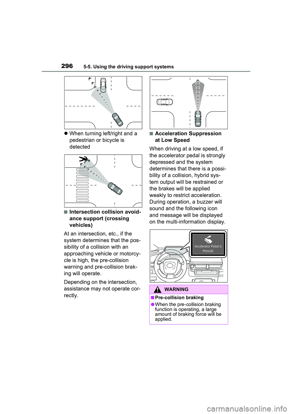 TOYOTA PRIUS PRIME 2023  Owners Manual 2965-5. Using the driving support systems
When turning left/right and a 
pedestrian or bicycle is 
detected
■Intersection collision avoid-
ance support (crossing 
vehicles)
At an intersection, et