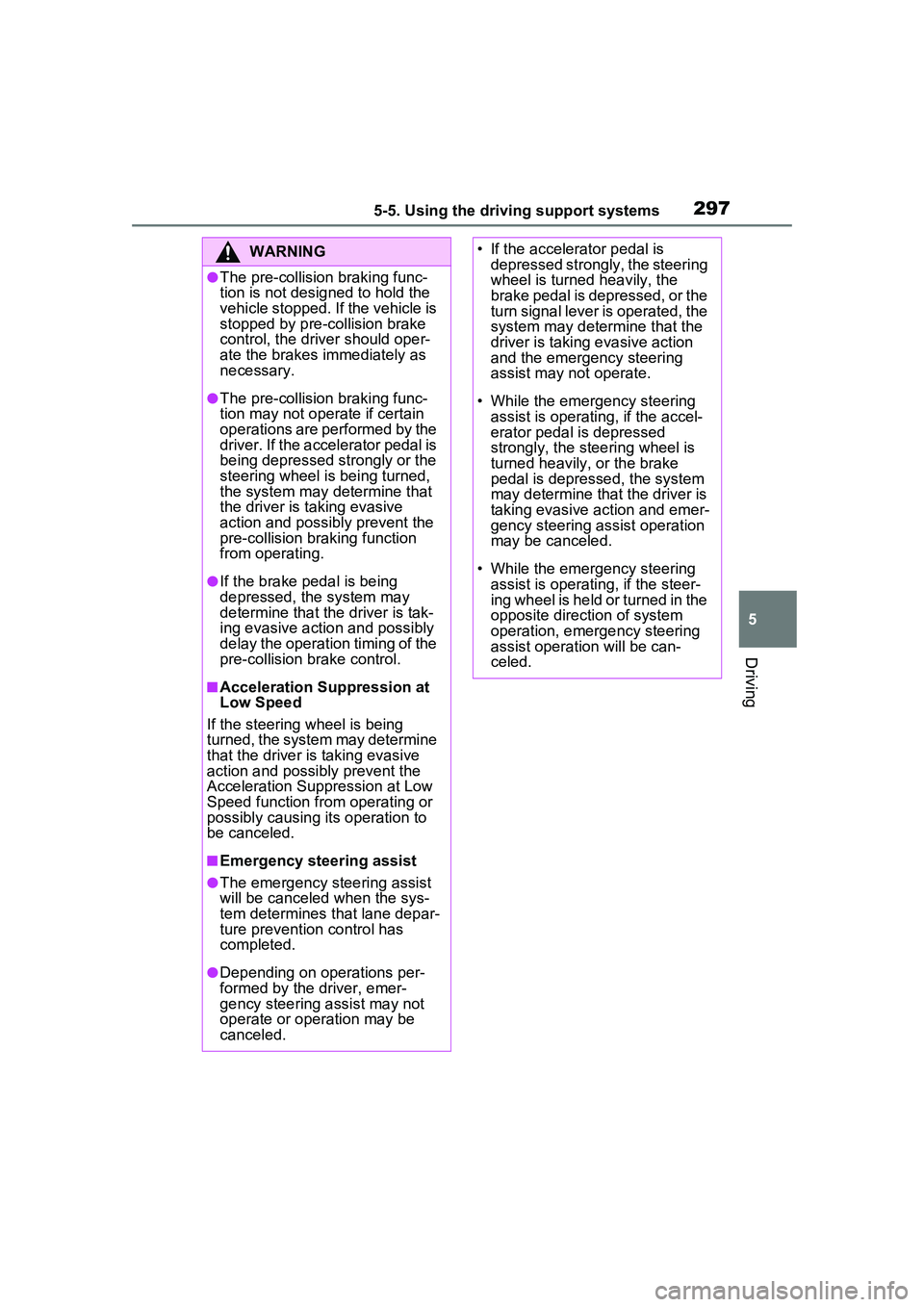 TOYOTA PRIUS PRIME 2023  Owners Manual 2975-5. Using the driving support systems
5
Driving
WARNING
●The pre-collision braking func-
tion is not designed to hold the 
vehicle stopped. If the vehicle is 
stopped by pre-collision brake 
con