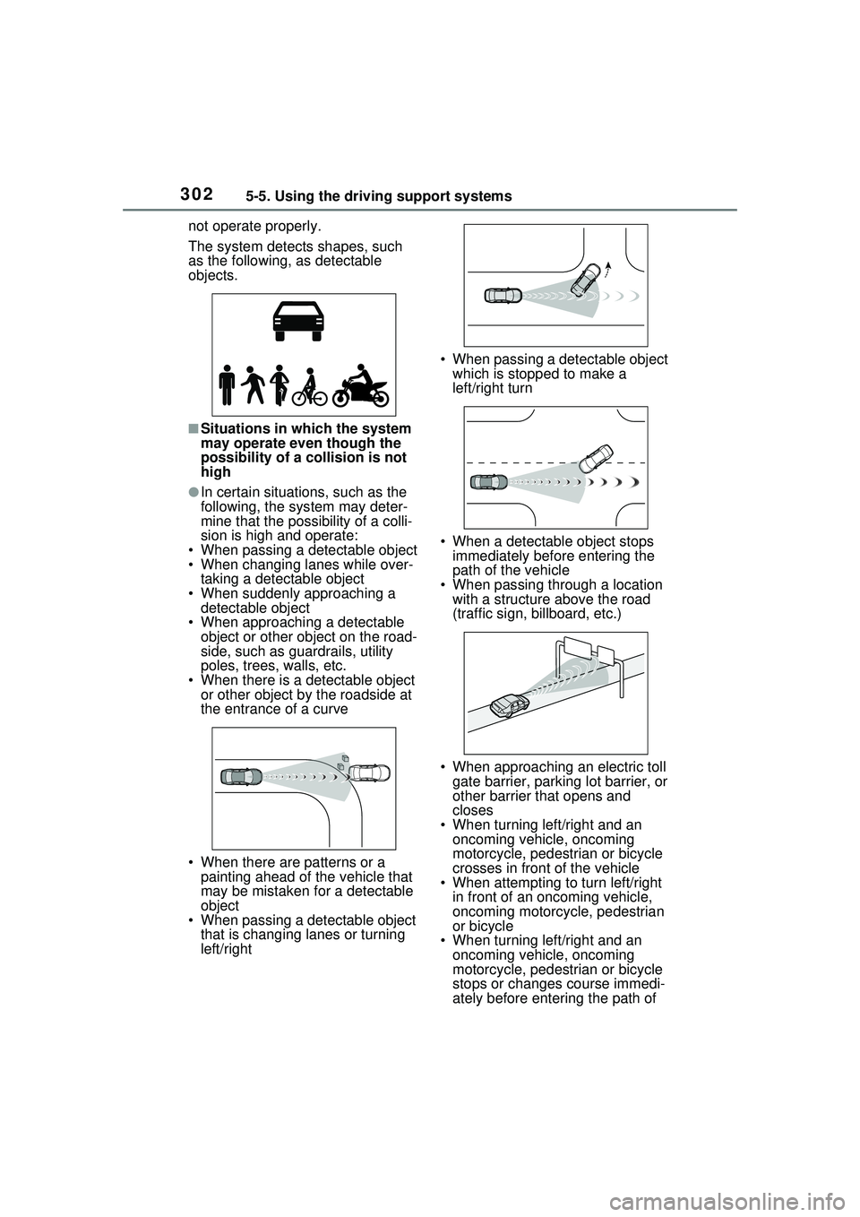 TOYOTA PRIUS PRIME 2023 Owners Manual 3025-5. Using the driving support systems
not operate properly.
The system detects shapes, such
as the following, as detectable
objects.
■Situations in which the system
may operate even though th TOYOTA PRIUS PRIME 2023 Owners Manual 3025-5. Using the driving support systems
not operate properly.
The system detects shapes, such
as the following, as detectable
objects.
■Situations in which the system
may operate even though th