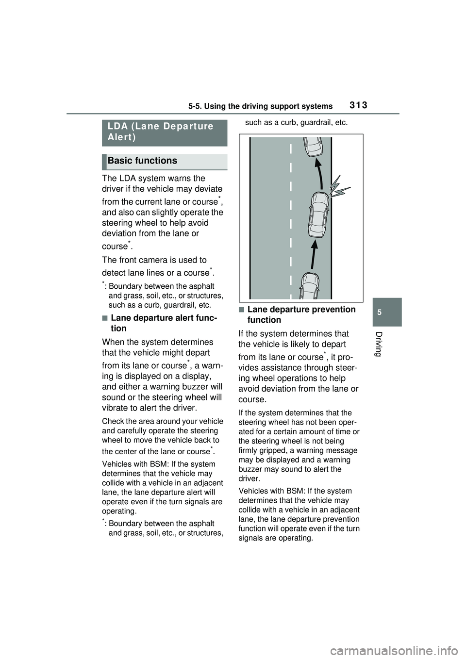 TOYOTA PRIUS PRIME 2023 Owners Manual 3135-5. Using the driving support systems
5
Driving
The LDA system warns the
driver if the vehicle may deviate
from the current lane or course
*,
and also can slightly operate the
steering wheel t TOYOTA PRIUS PRIME 2023 Owners Manual 3135-5. Using the driving support systems
5
Driving
The LDA system warns the
driver if the vehicle may deviate
from the current lane or course
*,
and also can slightly operate the
steering wheel t