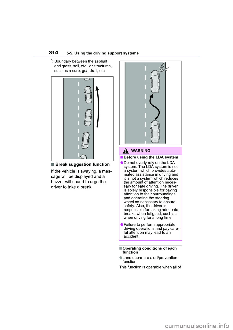 TOYOTA PRIUS PRIME 2023 Owners Manual 3145-5. Using the driving support systems
*: Boundary between the asphalt and grass, soil, et c., or structures,
such as a curb, guardrail, etc.
■Break suggestion function
If the vehicle is swaying TOYOTA PRIUS PRIME 2023 Owners Manual 3145-5. Using the driving support systems
*: Boundary between the asphalt and grass, soil, et c., or structures,
such as a curb, guardrail, etc.
■Break suggestion function
If the vehicle is swaying
