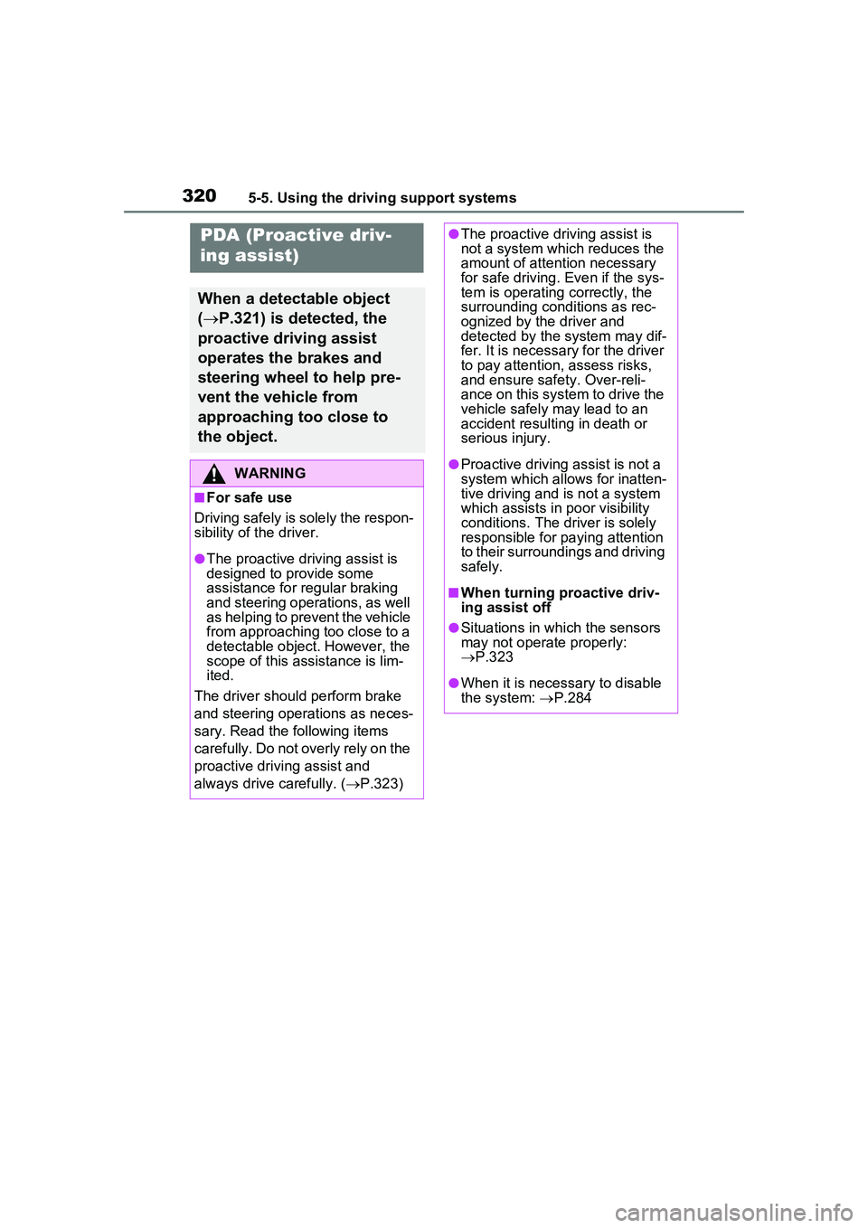 TOYOTA PRIUS PRIME 2023 Owners Manual 3205-5. Using the driving support systems
PDA (Proactive driv-
ing assist)
When a detectable object
(P.321) is detected, the
proactive driving assist
operates the brakes and
steering wheel to h TOYOTA PRIUS PRIME 2023 Owners Manual 3205-5. Using the driving support systems
PDA (Proactive driv-
ing assist)
When a detectable object
(P.321) is detected, the
proactive driving assist
operates the brakes and
steering wheel to h