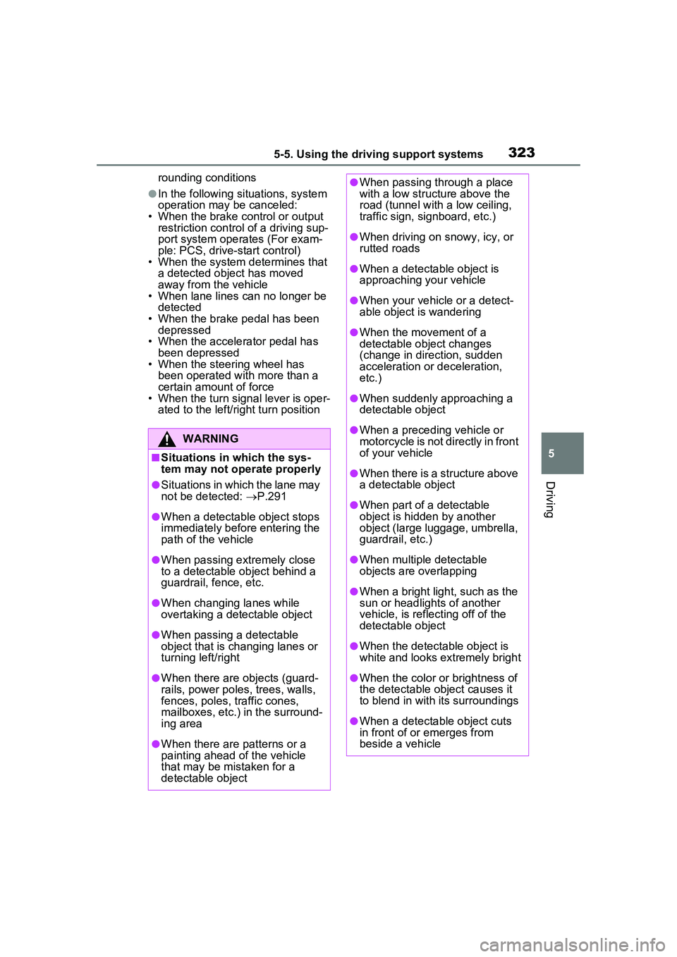 TOYOTA PRIUS PRIME 2023 Owners Manual 3235-5. Using the driving support systems
5
Driving
rounding conditions
●In the following situations, system
operation may be canceled:
• When the brake control or output restriction control of TOYOTA PRIUS PRIME 2023 Owners Manual 3235-5. Using the driving support systems
5
Driving
rounding conditions
●In the following situations, system
operation may be canceled:
• When the brake control or output restriction control of