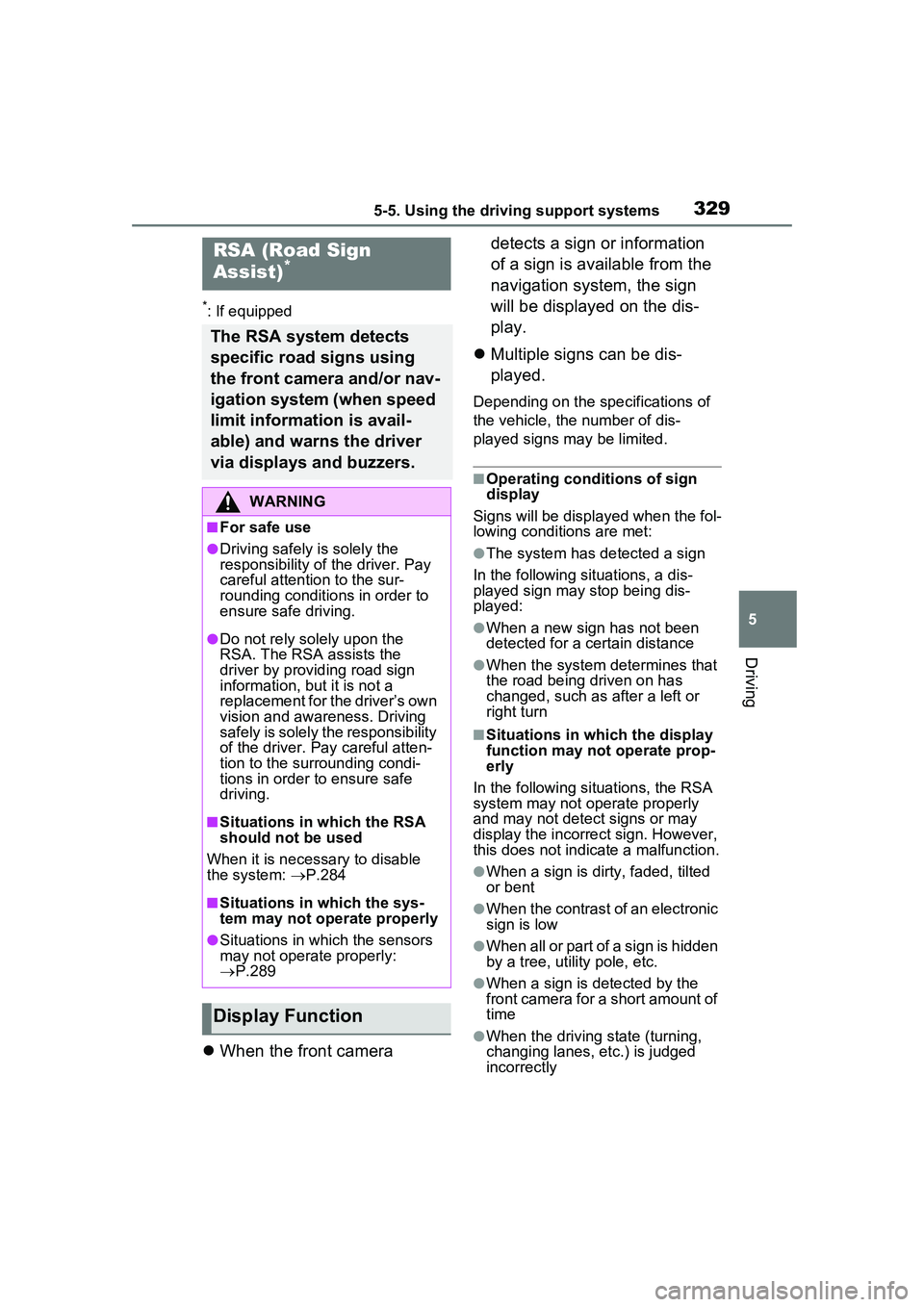 TOYOTA PRIUS PRIME 2023 Owners Manual 3295-5. Using the driving support systems
5
Driving
*: If equipped
When the front camera detects a sign or information
of a sign is available from the
navigation system, the sign
will be displa TOYOTA PRIUS PRIME 2023 Owners Manual 3295-5. Using the driving support systems
5
Driving
*: If equipped
When the front camera detects a sign or information
of a sign is available from the
navigation system, the sign
will be displa