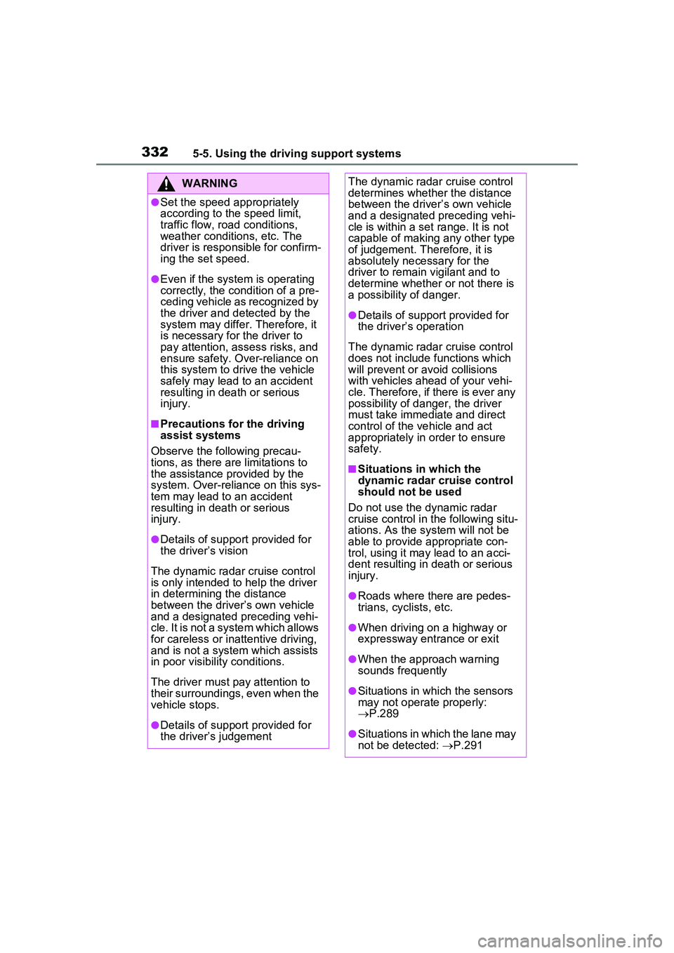 TOYOTA PRIUS PRIME 2023 Owners Manual 3325-5. Using the driving support systems
WARNING
●Set the speed appropriately
according to the speed limit,
traffic flow, road conditions,
weather conditions, etc. The
driver is responsible for TOYOTA PRIUS PRIME 2023 Owners Manual 3325-5. Using the driving support systems
WARNING
●Set the speed appropriately
according to the speed limit,
traffic flow, road conditions,
weather conditions, etc. The
driver is responsible for