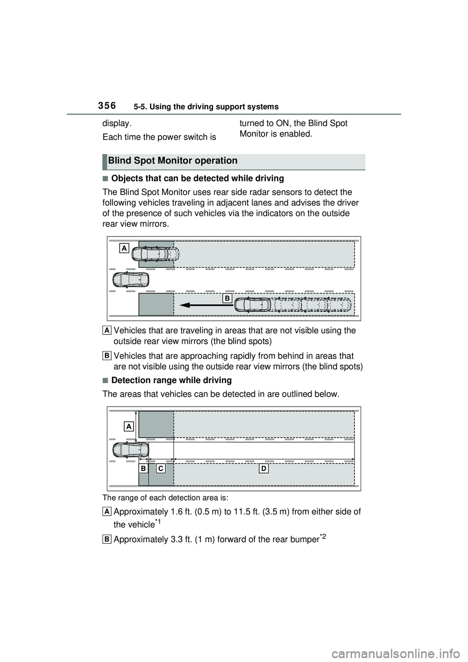 TOYOTA PRIUS PRIME 2023 Owners Manual 3565-5. Using the driving support systems
display.
Each time the power switch is turned to ON, the Blind Spot
Monitor is enabled.
■Objects that can be detected while driving
The Blind Spot Monitor TOYOTA PRIUS PRIME 2023 Owners Manual 3565-5. Using the driving support systems
display.
Each time the power switch is turned to ON, the Blind Spot
Monitor is enabled.
■Objects that can be detected while driving
The Blind Spot Monitor