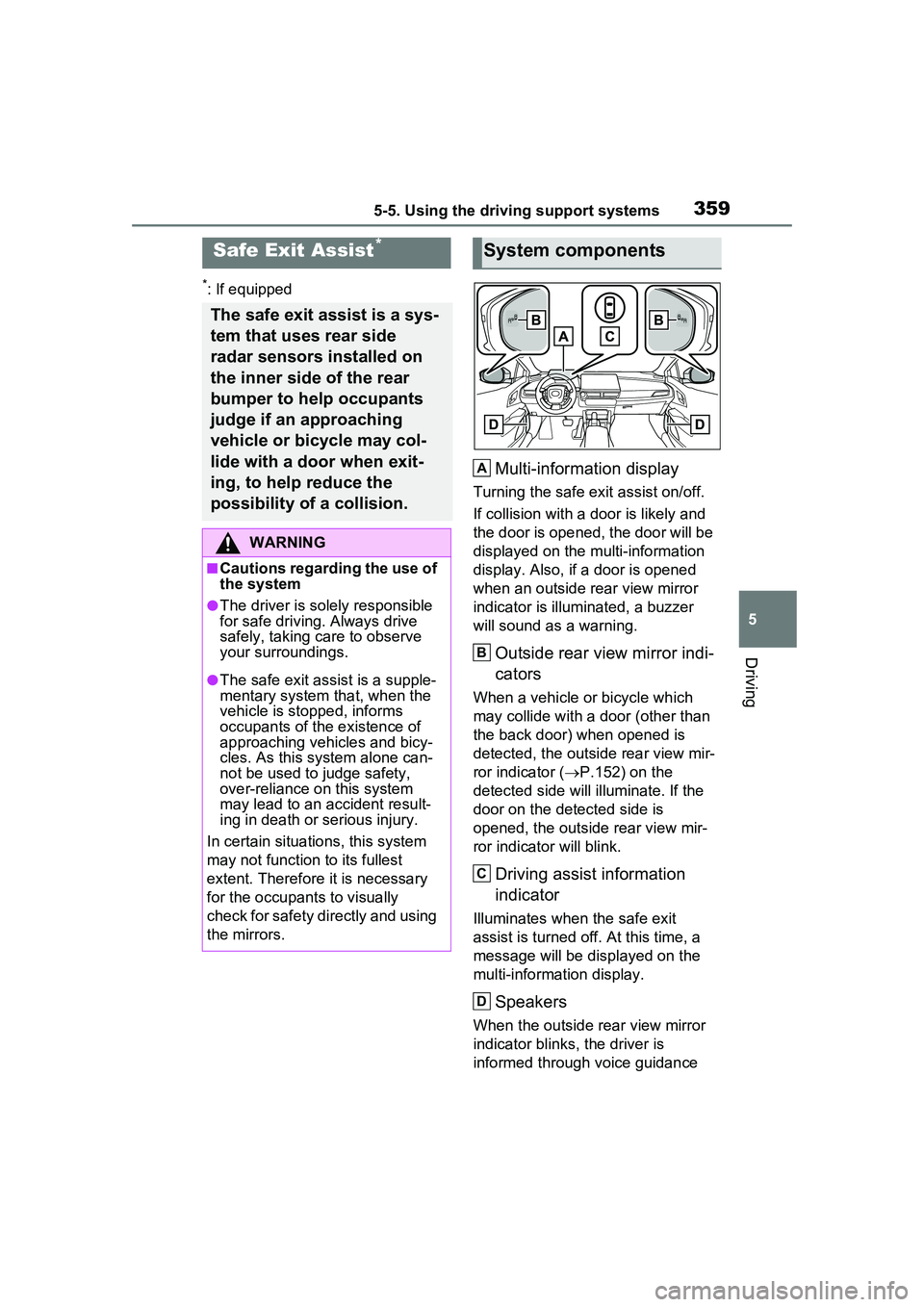 TOYOTA PRIUS PRIME 2023 Owners Manual 3595-5. Using the driving support systems
5
Driving
*: If equipped
Multi-information display
Turning the safe exit assist on/off.
If collision with a door is likely and
the door is opened, the door w TOYOTA PRIUS PRIME 2023 Owners Manual 3595-5. Using the driving support systems
5
Driving
*: If equipped
Multi-information display
Turning the safe exit assist on/off.
If collision with a door is likely and
the door is opened, the door w