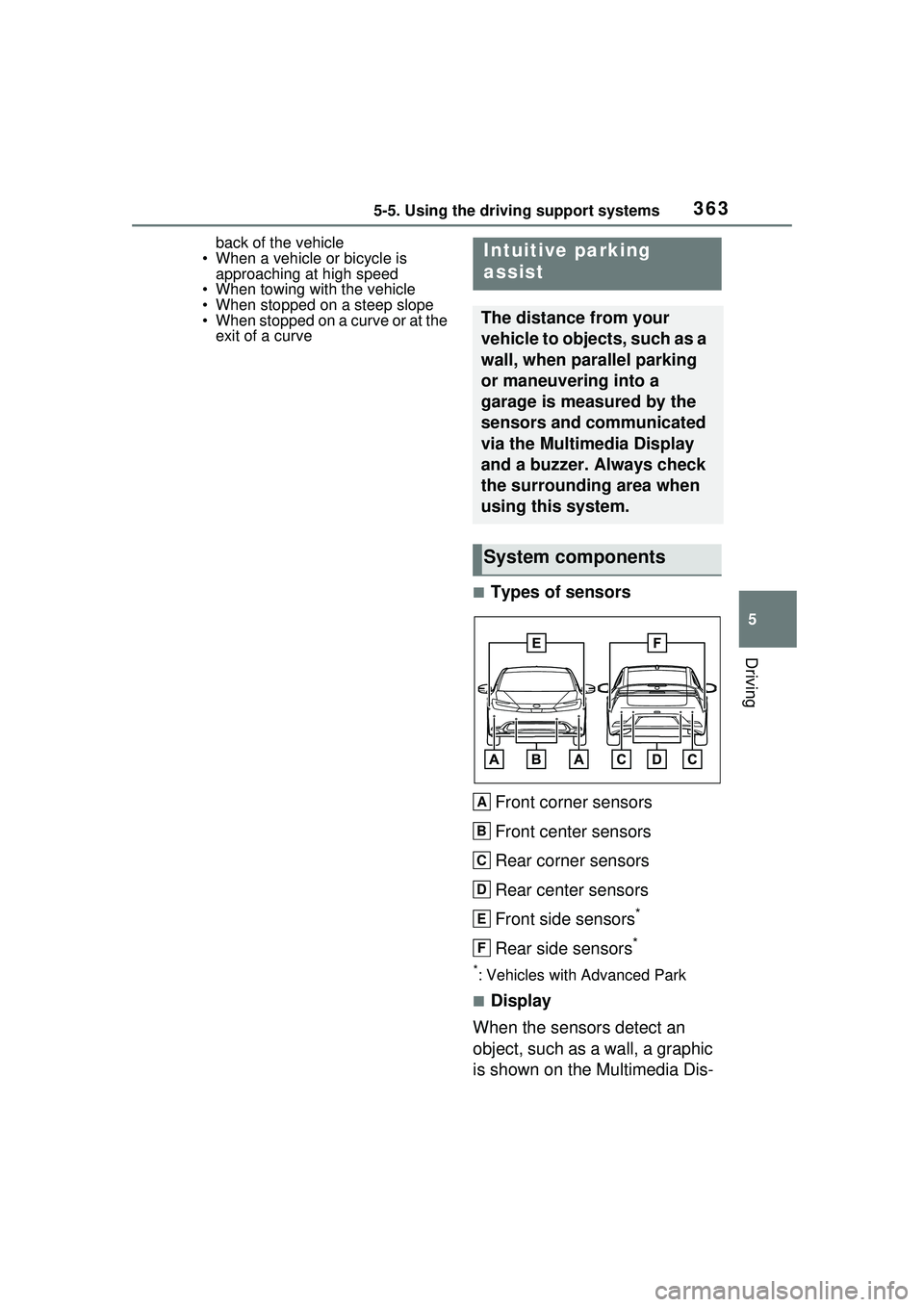 TOYOTA PRIUS PRIME 2023  Owners Manual 3635-5. Using the driving support systems
5
Driving
back of the vehicle
• When a vehicle or bicycle is  approaching at high speed
• When towing with the vehicle
• When stopped on a steep slope
