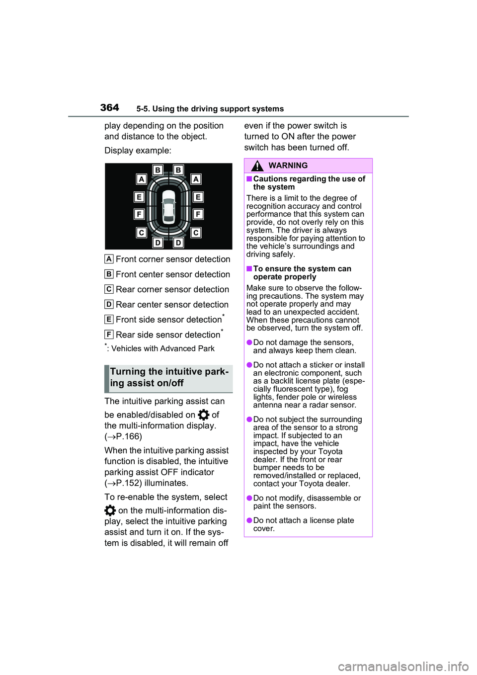 TOYOTA PRIUS PRIME 2023  Owners Manual 3645-5. Using the driving support systems
play depending on the position 
and distance to the object.
Display example:Front corner sensor detection
Front center sensor detection
Rear corner sensor det