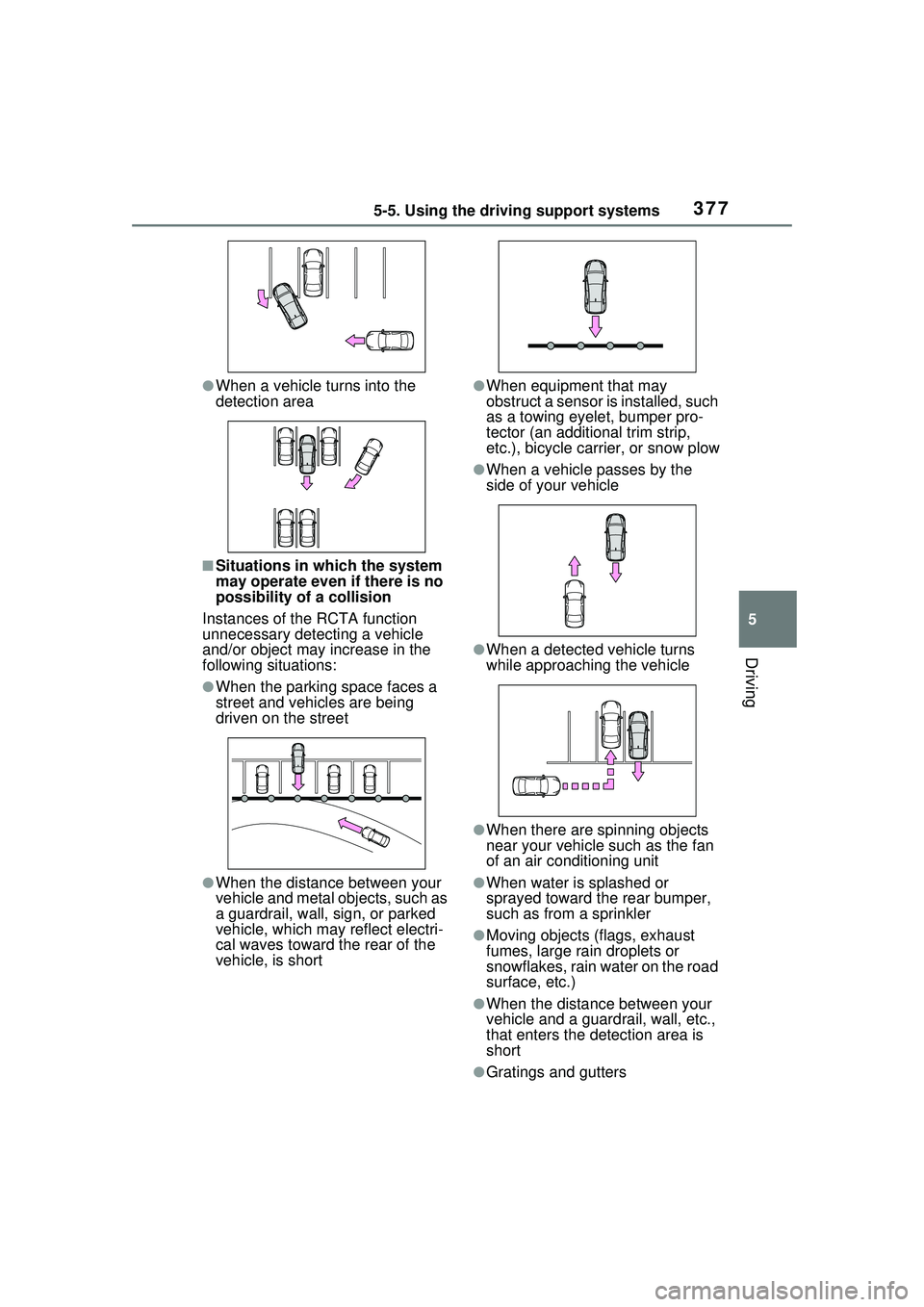 TOYOTA PRIUS PRIME 2023  Owners Manual 3775-5. Using the driving support systems
5
Driving
●When a vehicle turns into the 
detection area
■Situations in which the system 
may operate even if there is no 
possibility of a collision
Inst