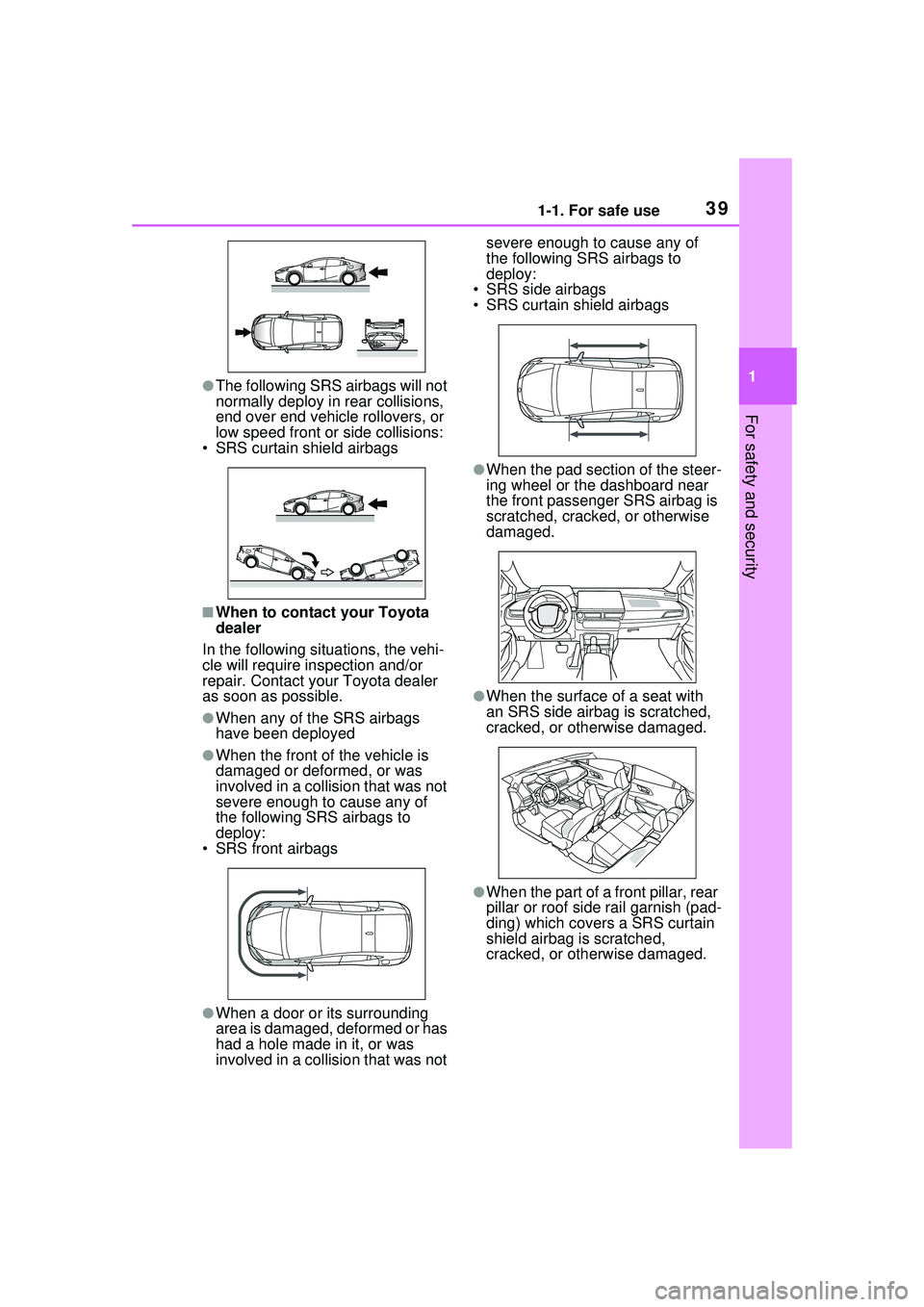 TOYOTA PRIUS PRIME 2023 Owners Manual 391-1. For safe use
1
For safety and security
●The following SRS airbags will not
normally deploy in rear collisions,
end over end vehicle rollovers, or
low speed front or side collisions:
• SR TOYOTA PRIUS PRIME 2023 Owners Manual 391-1. For safe use
1
For safety and security
●The following SRS airbags will not
normally deploy in rear collisions,
end over end vehicle rollovers, or
low speed front or side collisions:
• SR