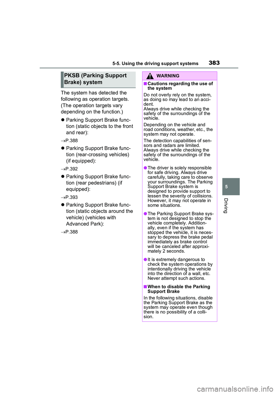 TOYOTA PRIUS PRIME 2023  Owners Manual 3835-5. Using the driving support systems
5
Driving
The system has detected the 
following as operation targets. 
(The operation targets vary 
depending on the function.)
Parking Support Brake func