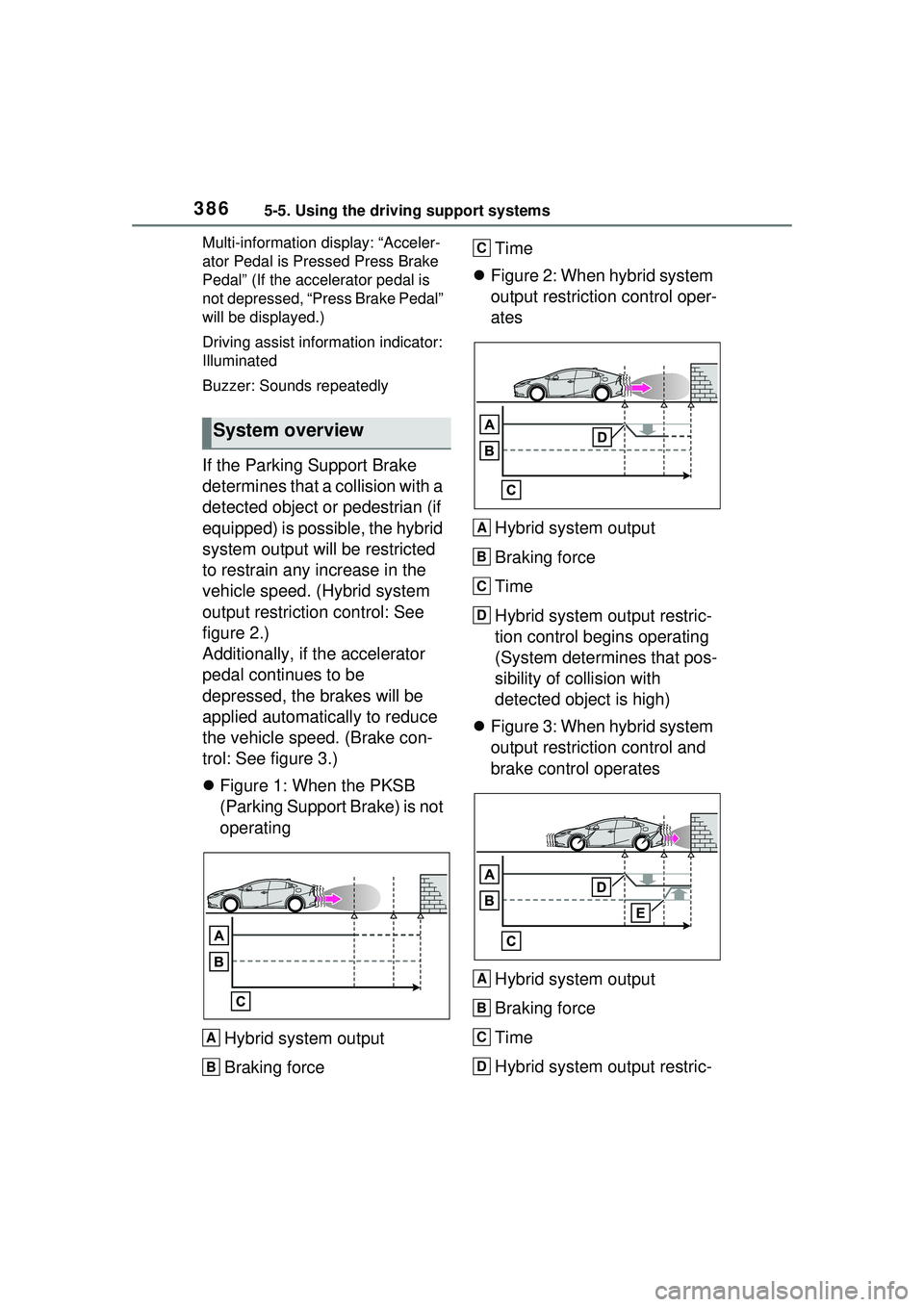 TOYOTA PRIUS PRIME 2023  Owners Manual 3865-5. Using the driving support systems
Multi-information display: “Acceler-
ator Pedal is Pressed Press Brake 
Pedal” (If the accelerator pedal is 
not depressed, “Press Brake Pedal” 
will 