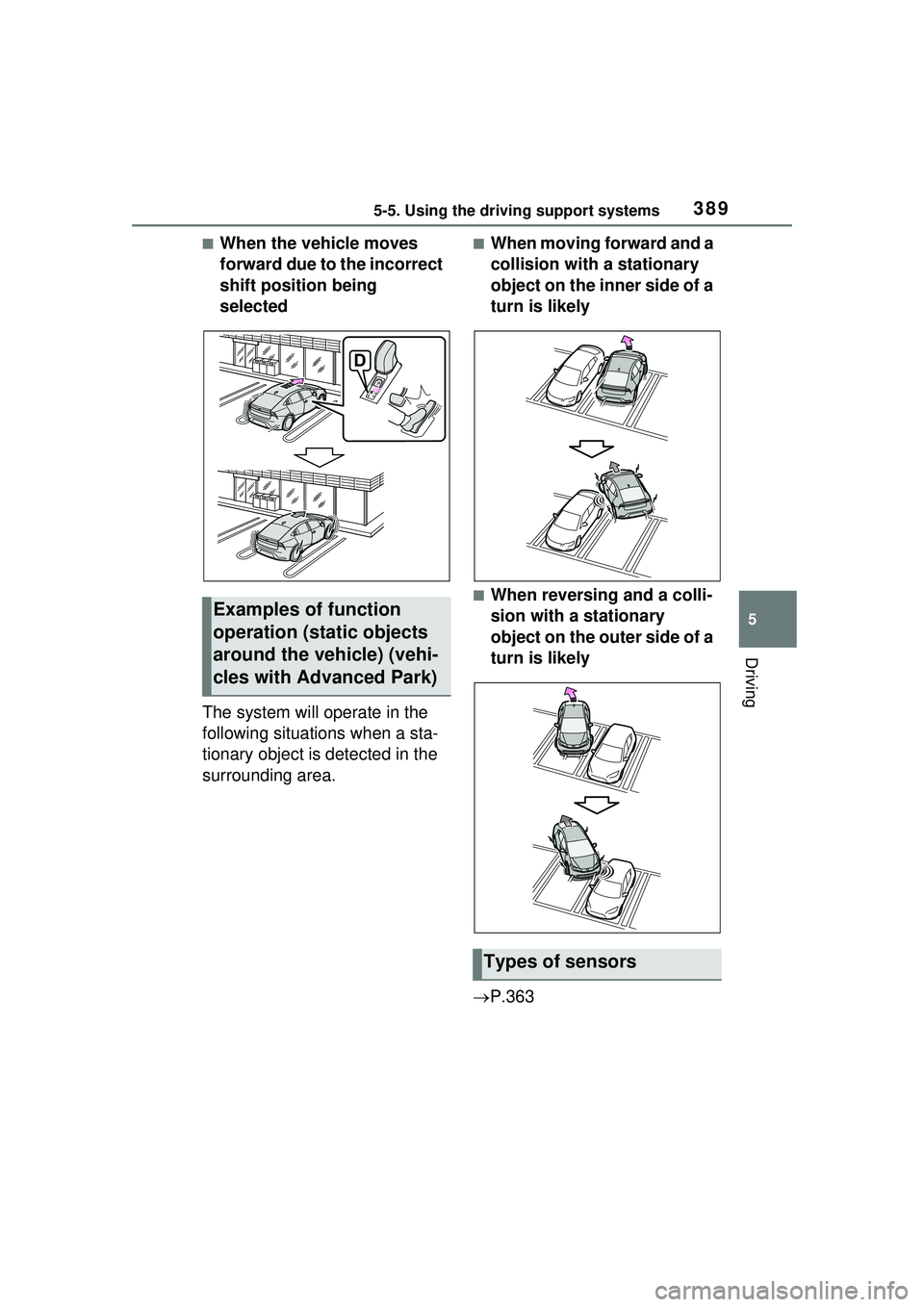 TOYOTA PRIUS PRIME 2023  Owners Manual 3895-5. Using the driving support systems
5
Driving
■When the vehicle moves 
forward due to the incorrect 
shift position being 
selected
The system will operate in the 
following situations when a 