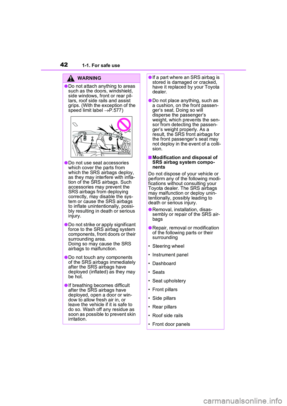 TOYOTA PRIUS PRIME 2023  Owners Manual 421-1. For safe use
WARNING
●Do not attach anything to areas 
such as the doors, windshield, 
side windows, front or rear pil-
lars, roof side rails and assist 
grips. (With the exception of the 
sp