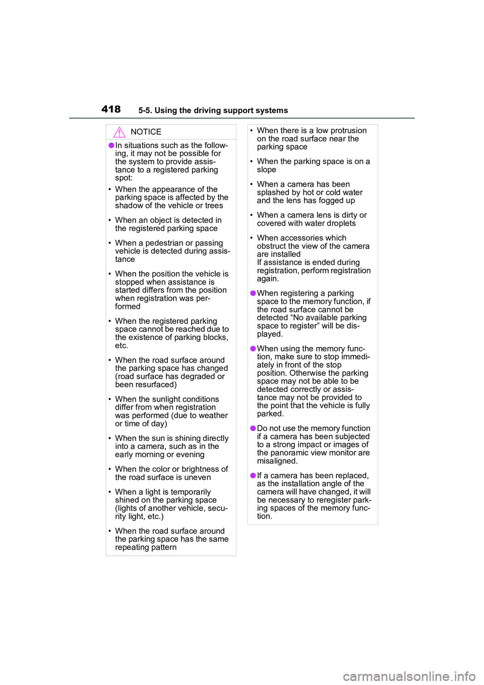 TOYOTA PRIUS PRIME 2023  Owners Manual 4185-5. Using the driving support systems
NOTICE
●In situations such as the follow-
ing, it may not be possible for 
the system to provide assis-
tance to a registered parking 
spot:
• When the ap