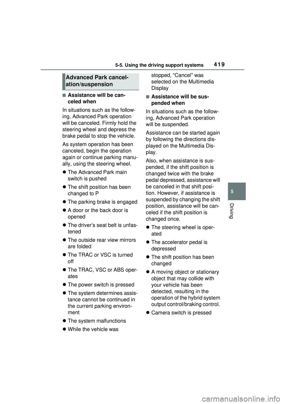 TOYOTA PRIUS PRIME 2023  Owners Manual 4195-5. Using the driving support systems
5
Driving
■Assistance will be can-
celed when
In situations such as the follow-
ing, Advanced Park operation 
will be canceled. Firmly hold the 
steering wh