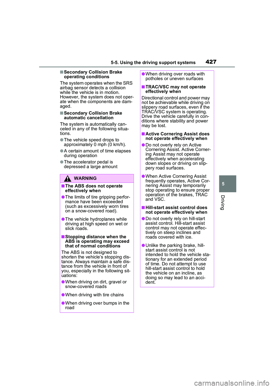 TOYOTA PRIUS PRIME 2023  Owners Manual 4275-5. Using the driving support systems
5
Driving
■Secondary Collision Brake 
operating conditions
The system operates when the SRS 
airbag sensor detects a collision 
while the vehicle is in moti