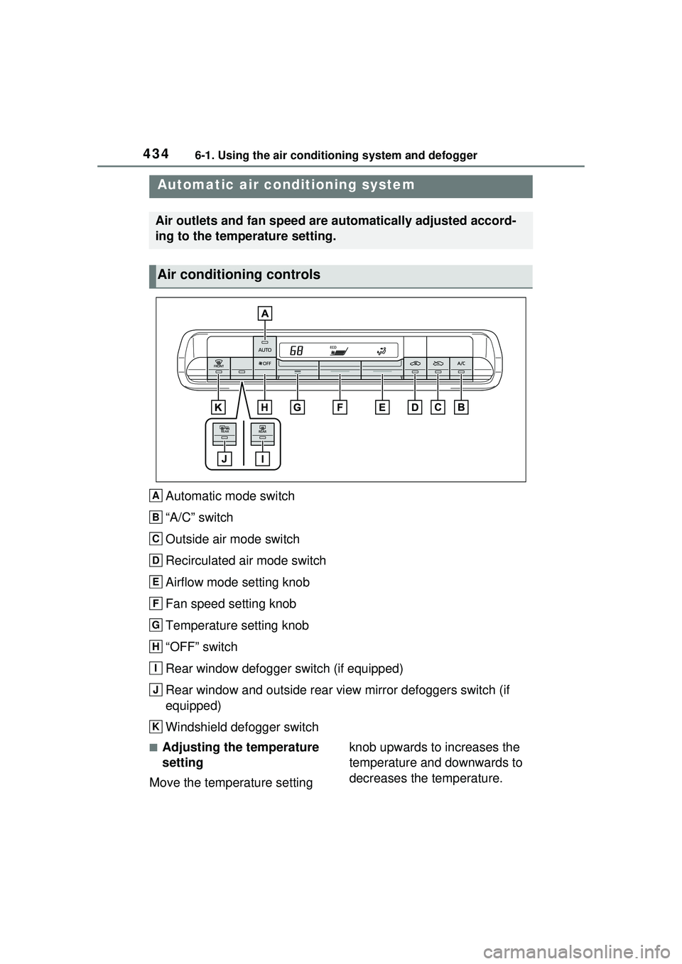 TOYOTA PRIUS PRIME 2023  Owners Manual 4346-1. Using the air conditioning system and defogger
6-1.Using the air conditioning system and defogger
Automatic mode switch
“A/C” switch
Outside air mode switch
Recirculated air mode switch
Ai