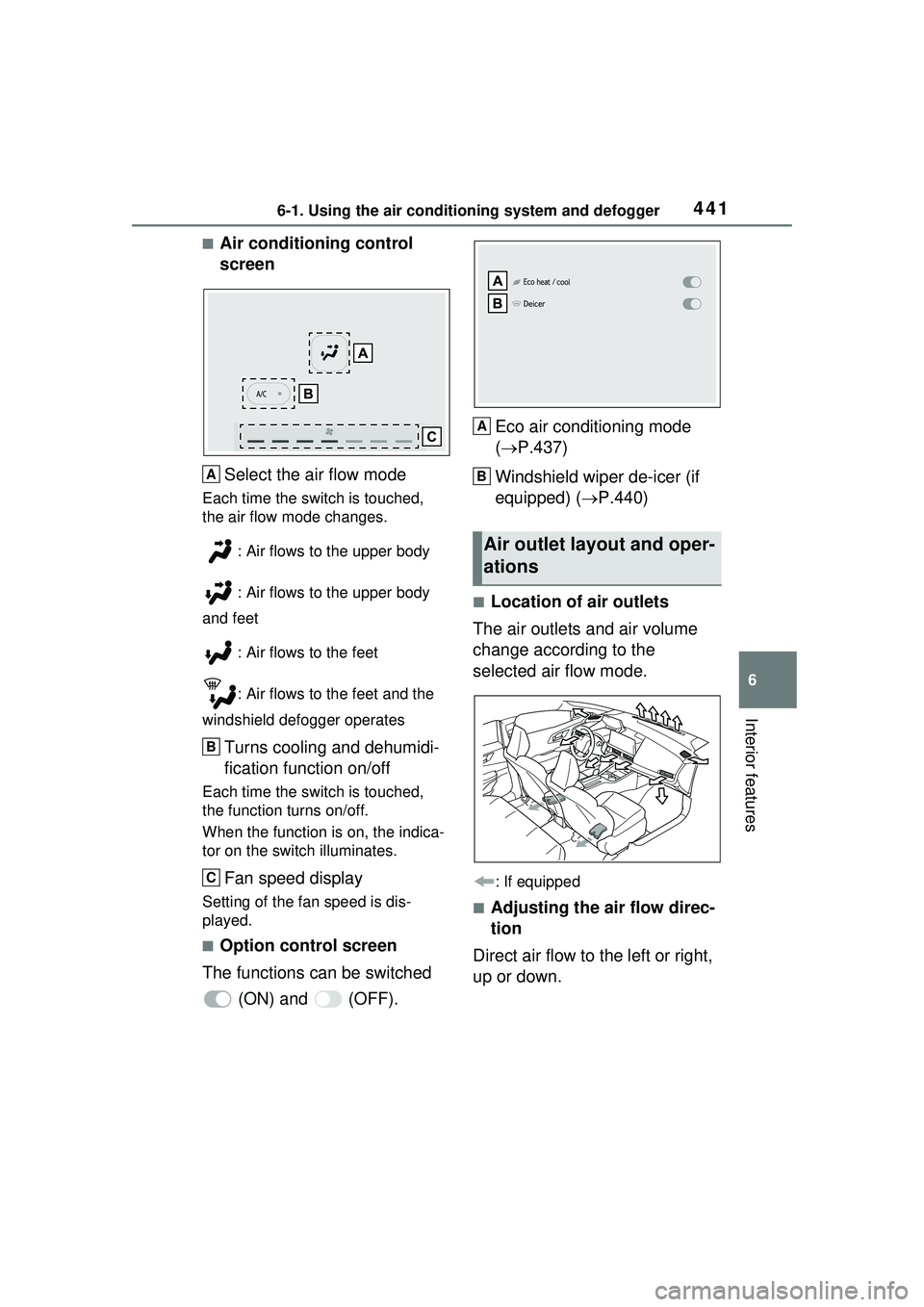 TOYOTA PRIUS PRIME 2023  Owners Manual 4416-1. Using the air conditioning system and defogger
6
Interior features
■Air conditioning control 
screenSelect the air flow mode
Each time the switch is touched, 
the air flow mode changes. : Ai