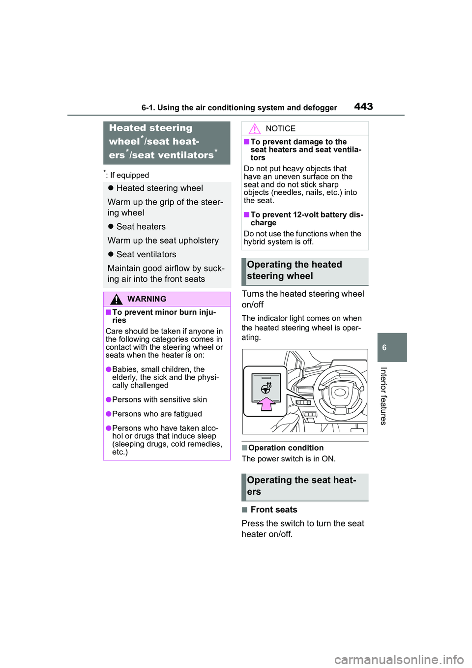TOYOTA PRIUS PRIME 2023  Owners Manual 4436-1. Using the air conditioning system and defogger
6
Interior features
*: If equipped
Turns the heated steering wheel 
on/off
The indicator light comes on when 
the heated steering wheel is oper-
