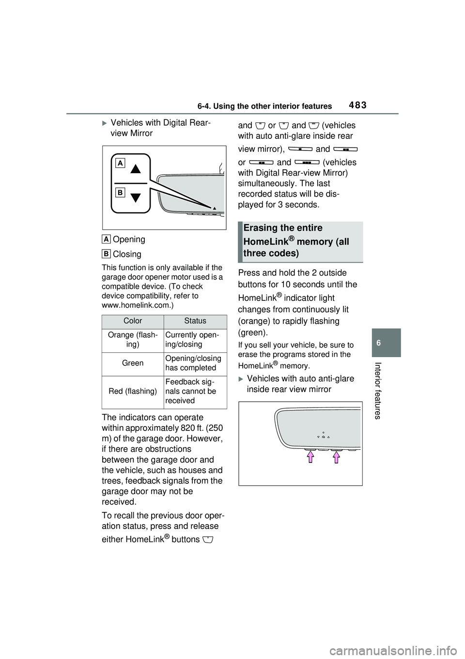 TOYOTA PRIUS PRIME 2023  Owners Manual 4836-4. Using the other interior features
6
Interior features
Vehicles with Digital Rear-
view MirrorOpening
Closing
This function is only available if the 
garage door opener motor used is a 
comp