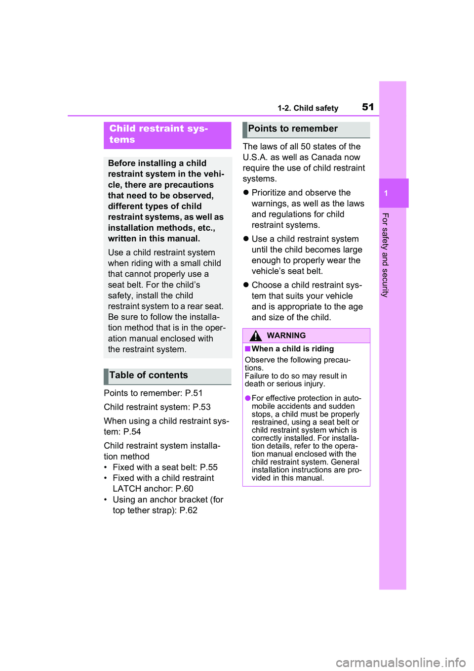 TOYOTA PRIUS PRIME 2023 Workshop Manual 511-2. Child safety
1
For safety and security
Points to remember: P.51
Child restraint system: P.53
When using a child restraint sys-
tem: P.54
Child restraint system installa-
tion method
• Fixed w TOYOTA PRIUS PRIME 2023 Workshop Manual 511-2. Child safety
1
For safety and security
Points to remember: P.51
Child restraint system: P.53
When using a child restraint sys-
tem: P.54
Child restraint system installa-
tion method
• Fixed w