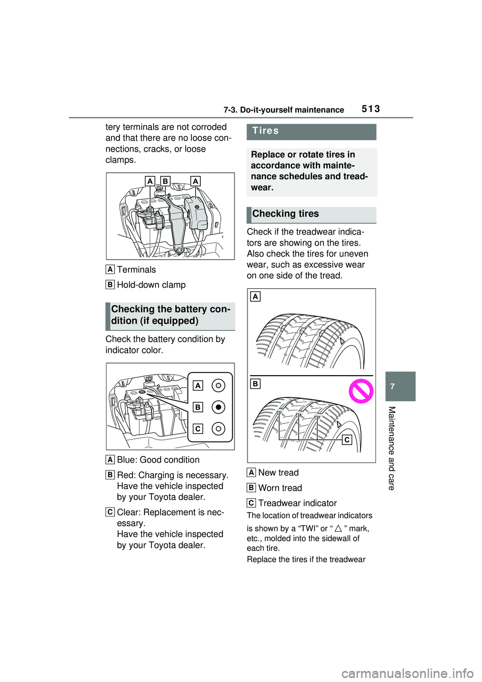 TOYOTA PRIUS PRIME 2023 Owners Manual 5137-3. Do-it-yourself maintenance
7
Maintenance and care
tery terminals are not corroded
and that there are no loose con-
nections, cracks, or loose
clamps.Terminals
Hold-down clamp
Check the batte TOYOTA PRIUS PRIME 2023 Owners Manual 5137-3. Do-it-yourself maintenance
7
Maintenance and care
tery terminals are not corroded
and that there are no loose con-
nections, cracks, or loose
clamps.Terminals
Hold-down clamp
Check the batte