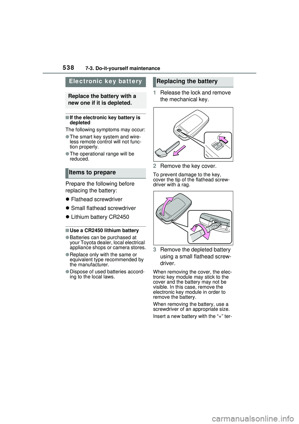 TOYOTA PRIUS PRIME 2023  Owners Manual 5387-3. Do-it-yourself maintenance
■If the electronic key battery is 
depleted
The following symptoms may occur:
●The smart key system and wire-
less remote control will not func-
tion properly.
