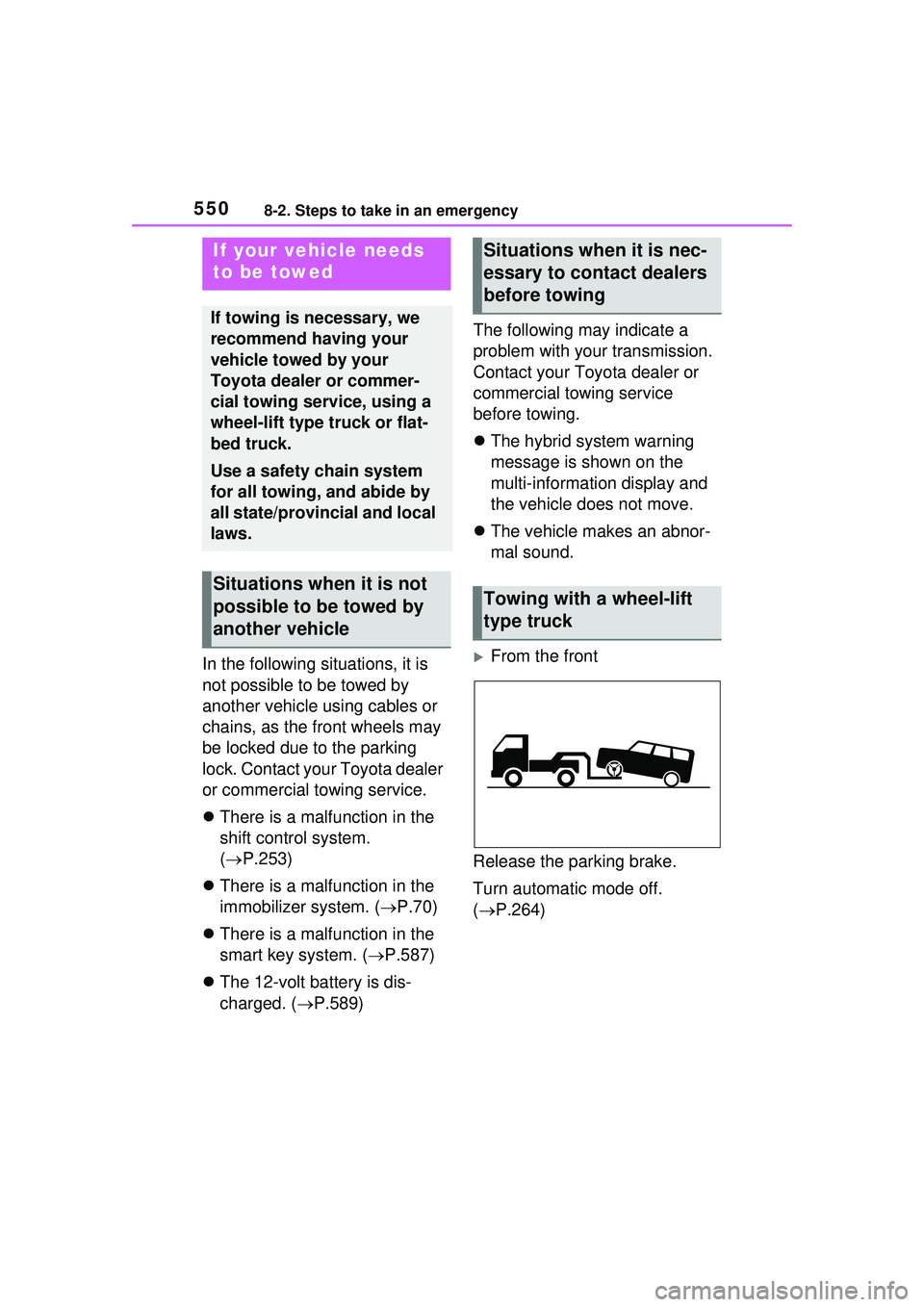 TOYOTA PRIUS PRIME 2023  Owners Manual 5508-2. Steps to take in an emergency
8-2.Steps to take in an emergency
In the following situations, it is 
not possible to be towed by 
another vehicle using cables or 
chains, as the front wheels ma