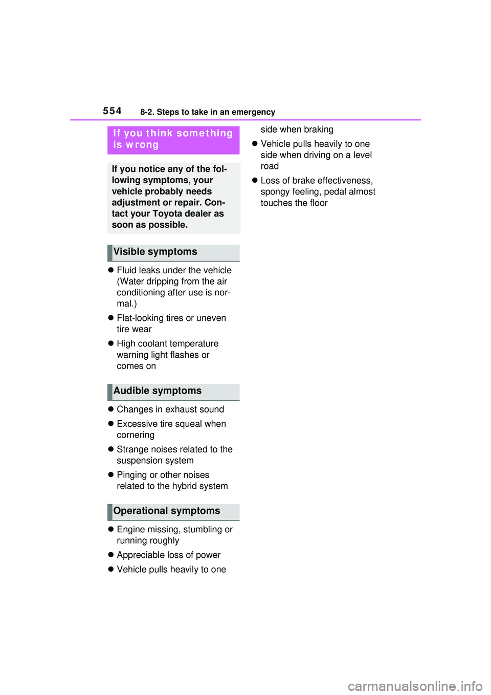 TOYOTA PRIUS PRIME 2023 Owners Manual 5548-2. Steps to take in an emergency
Fluid leaks under the vehicle
(Water dripping from the air
conditioning after use is nor-
mal.)
Flat-looking tires or uneven
tire wear
High coolant t TOYOTA PRIUS PRIME 2023 Owners Manual 5548-2. Steps to take in an emergency
Fluid leaks under the vehicle
(Water dripping from the air
conditioning after use is nor-
mal.)
Flat-looking tires or uneven
tire wear
High coolant t